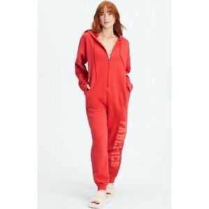 FABLETICS Women's Large One Piece Jumper Cherry Red Forever Fleece Hooded Lounge